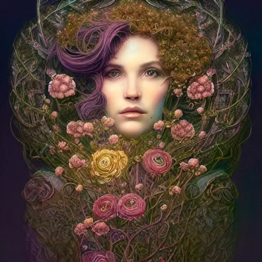 Prompt: a beautiful detailed front view portrait of a woman with ornate growing around, ornamentation, flowers, elegant, beautifully soft lit, golden ratio, full frame, by wayne barlowe, peter mohrbacher, kelly mckernan,