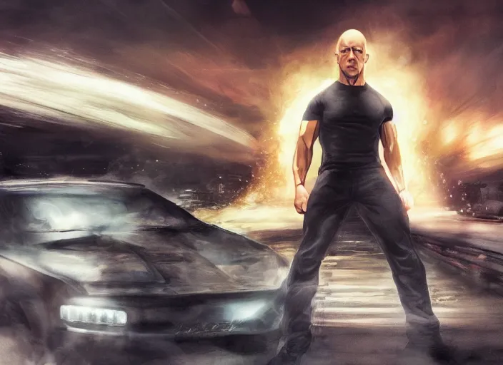 Image similar to landscape, long shot of vin diesel as saitama!!! throwing a car, hyperrealism, trending on artstation