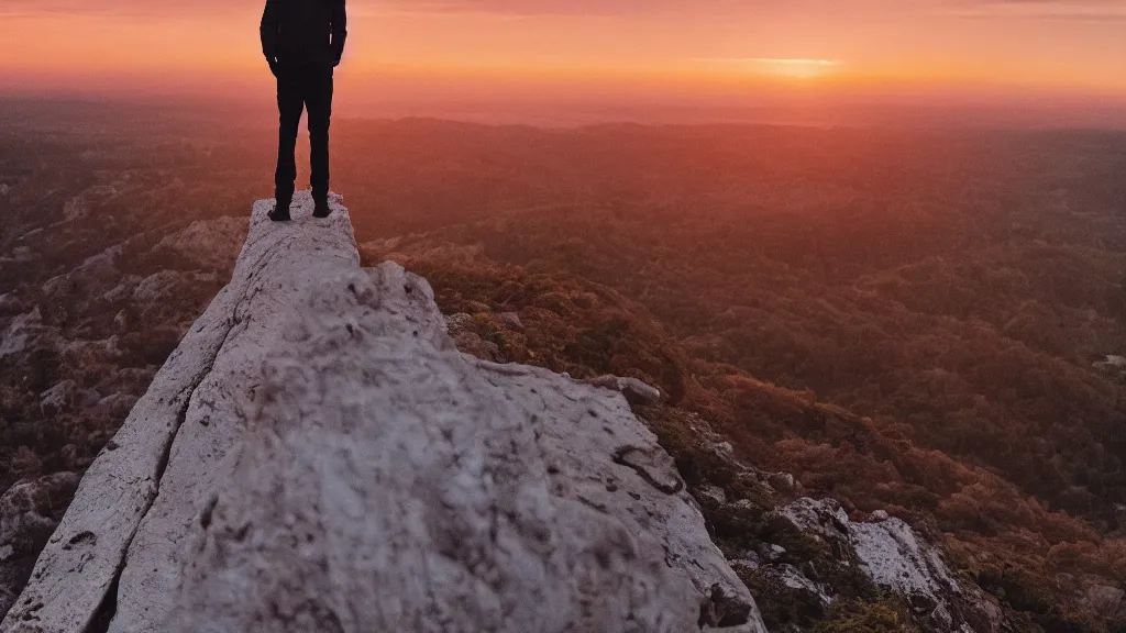 Image similar to a dramatic movie still of a man standing on the roof of a car parked on the edge of a tall cliff at a beautiful sunset, golden hour