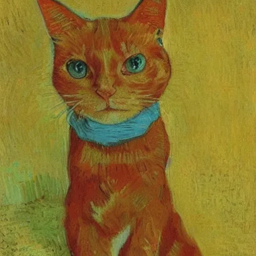 Image similar to a portrait of a ginger orange cat, wearing a light blue suit, by Vincent Van Gogh