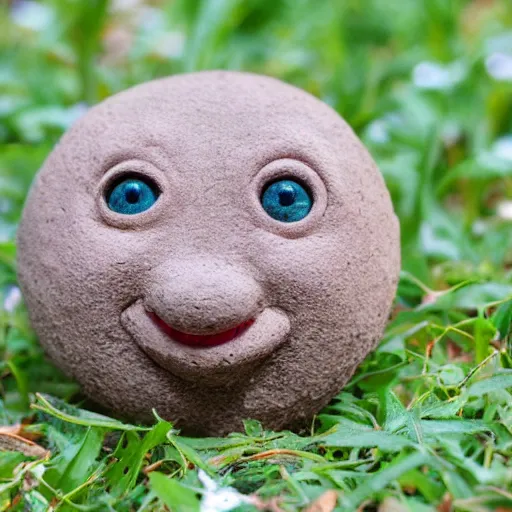 Image similar to photo of a small round creature made of dirt with round blue eyes and a round clown nose and a cute smile