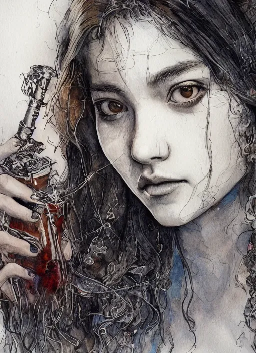 Image similar to portrait, beautiful Stoner hippy girl, sitting down, smoking a magical bong, watercolor, dramatic lighting, cinematic, establishing shot, extremely high detail, foto realistic, cinematic lighting, pen and ink, intricate line drawings, by Yoshitaka Amano, Ruan Jia, Kentaro Miura, Artgerm, post processed, concept art, artstation, matte painting, style by eddie mendoza, raphael lacoste, alex ross