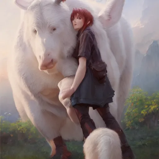 Image similar to a person hugging a large white animal, a detailed painting by krenz cushart, pixiv contest winner, fantasy art, official art, detailed painting, pixiv. highly detailed. 4 k masterpiece. unreal engine. photorealistic. realism. cinematic. photorealism. wideshot. coherent.