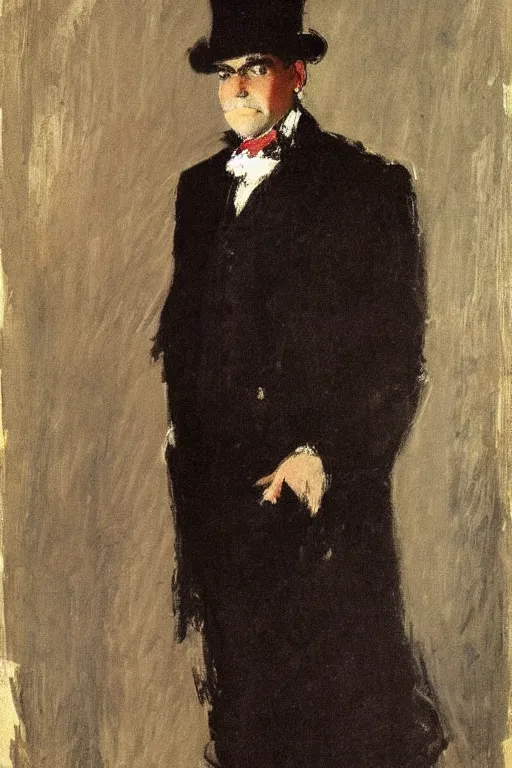 Image similar to portrait of george clooney as a gentleman wearing an edwardian suit and red top hat by walter sickert, john singer sargent, and william open