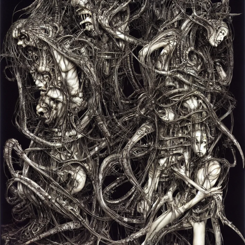 Image similar to a ritual for those who have none - Yoshitaka Amano and H.R. Giger