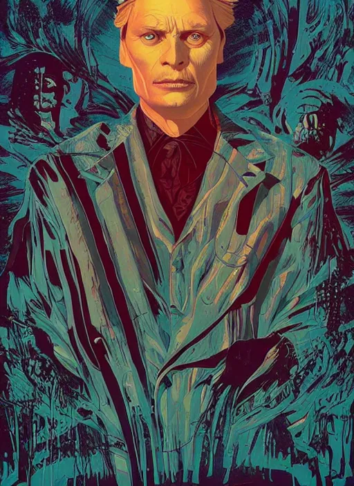 Image similar to poster artwork by Michael Whelan and Tomer Hanuka, Karol Bak of the Mads Mikkelsen, from scene from Twin Peaks, clean