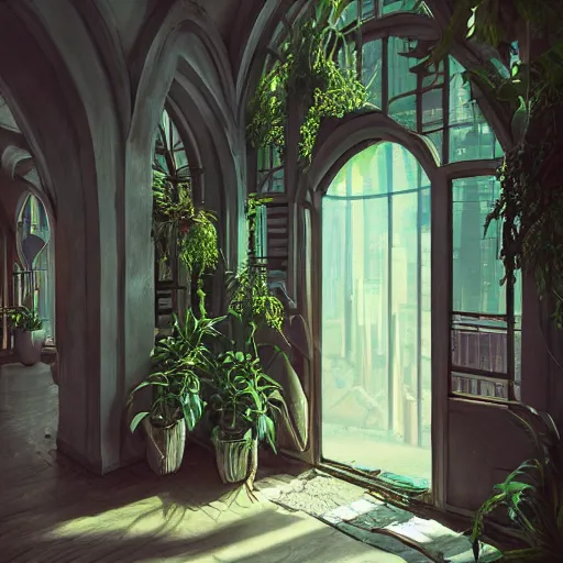 Image similar to 80s interior with arched windows, natural sunlight, summer, hanging plants, cinematic, cyberpunk, lofi, calming, dramatic, fantasy, by Moebius, by zdzisław beksiński, Fantasy LUT, high contrast, epic composition, sci-fi, dreamlike, surreal, angelic, cinematic, 8k, unreal engine, hyper realistic, fantasy concept art,