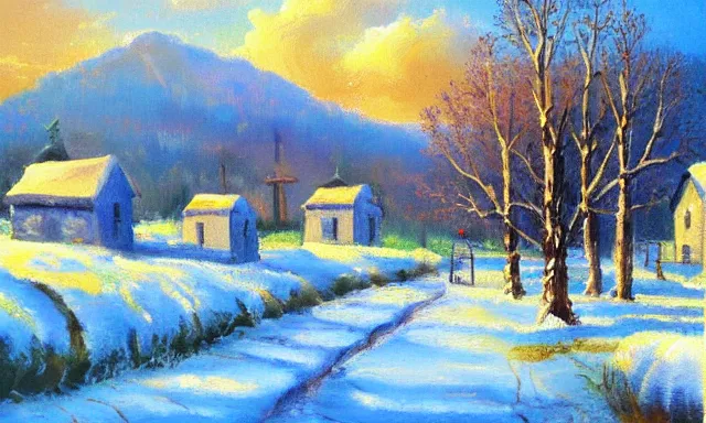 Image similar to beautiful landscape of Russian village, sunny and little cloudy, oil painting, high quality