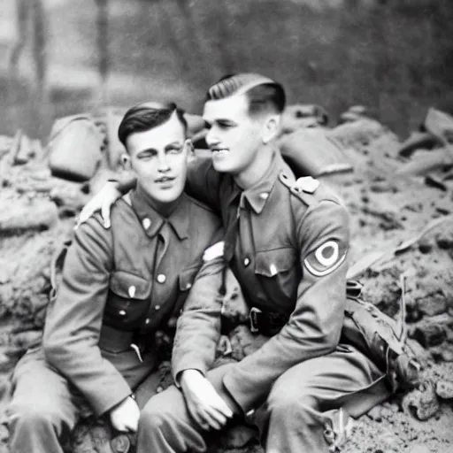 Prompt: a professional photograph of two handsome young wwii soldiers finding love in the trenches