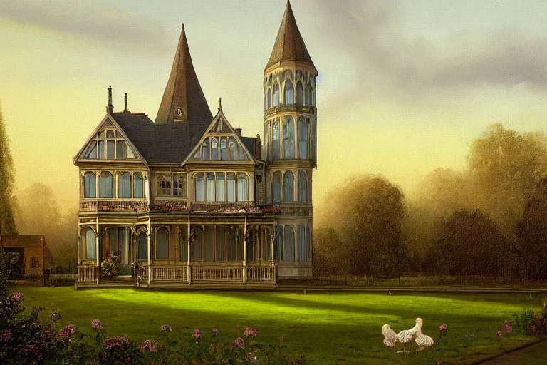 Prompt: a beautiful painting of a victorian house with bay windows, a tower and a greenhouse in the morning, very detailed by samuel and joseph newsom, harry potter