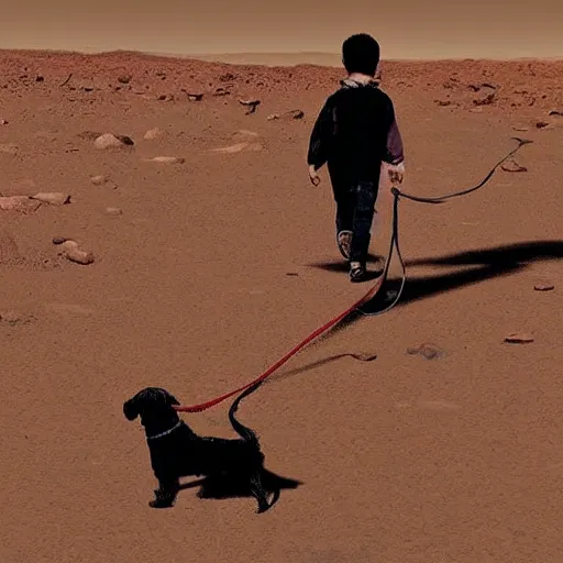 Prompt: Near the human settlement on Mars, a child taking his dog for a walk