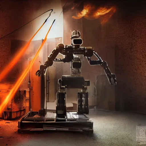 Image similar to toaster oven terminator robot, dark messy smoke - filled cluttered workshop, dark, dramatic lighting, orange tint, sparks, cinematic, highly detailed, sci - fi, futuristic, movie still