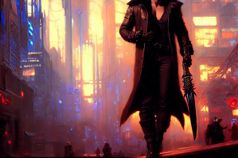 Image similar to winter, attractive male, devil may cry game neon light, cyberpunk, painting by gaston bussiere, craig mullins, j. c. leyendecker