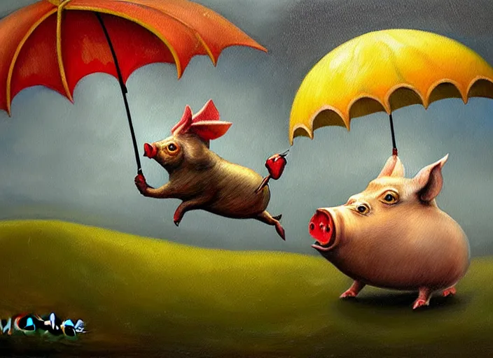 Image similar to detailed oil painting of flying pig with umbrella by marc simonette and alexander jansson, concept art