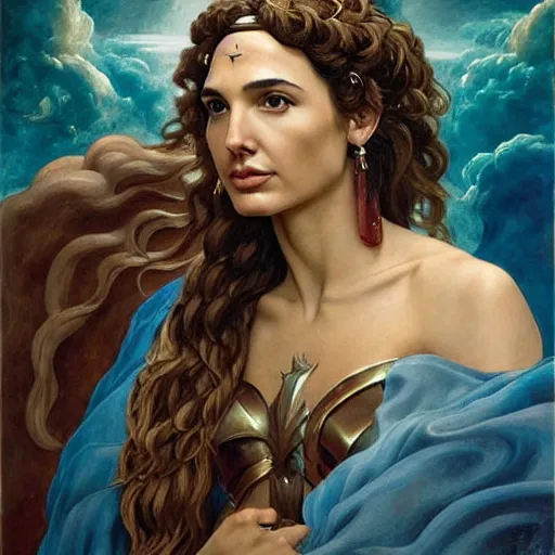 Image similar to Full body oil painting of the beautiful goddess Gal Gadot as Atenea, she is wearing roman clothes and a surreal jewelry, her hair is natural disheveled, she is approaching heaven over the clouds, naturalism, dramatic lighting, high-detailed oil painting by Ilya Repin, Michelangelo da Caravaggio, William Blake, Alex Grey and Beksinski, trending on Artsation, hystorical painting, naturalism, masterpiece, 4k, 8k,