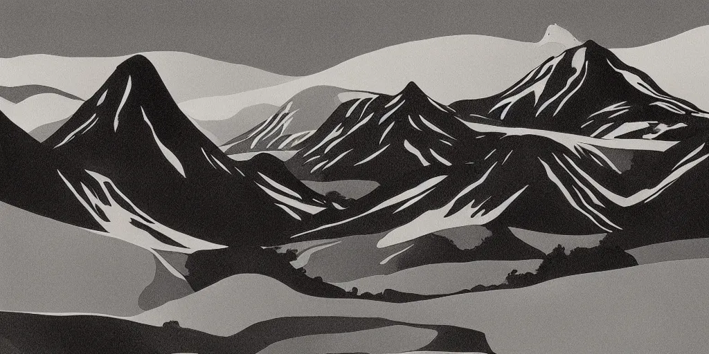 Image similar to The Scottish Highlands, a clear day, in the style of Eyvind Earle,