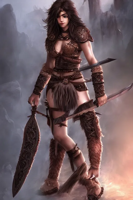 Prompt: Female barbarian, beautiful, light borwn hair, dark skin, brown eyes, detailed face, fully covering leather armor, swords, battle stance, high fantasy, matte painting