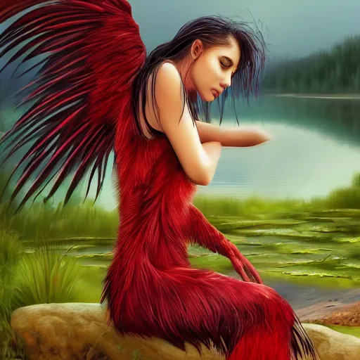 Image similar to harpy, red feathered wings, young woman, wearing Inka clothes, sad expression, sitting at a pond, mountainous area, trees in the background, trending on artstation