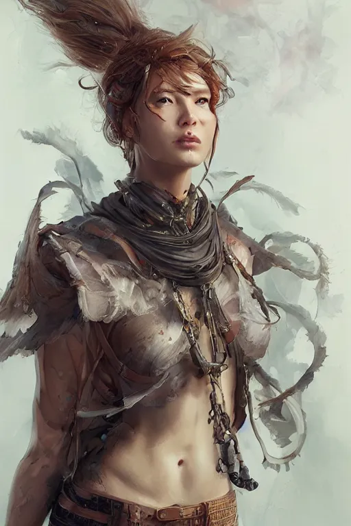 Image similar to A masterpiece portrait of a Incredibly beautiful queer Syberian post apocalyptic shaman girl . medium shot, intricate, elegant, highly detailed. trending on artstation, digital art, by Stanley Artgerm Lau, WLOP, Rossdraws, James Jean, Andrei Riabovitchev, Marc Simonetti, Yoshitaka Amano