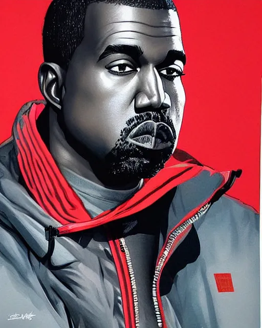 Image similar to kanye west in red puffer jacket, airbrush, drew struzan illustration art, key art, movie poster