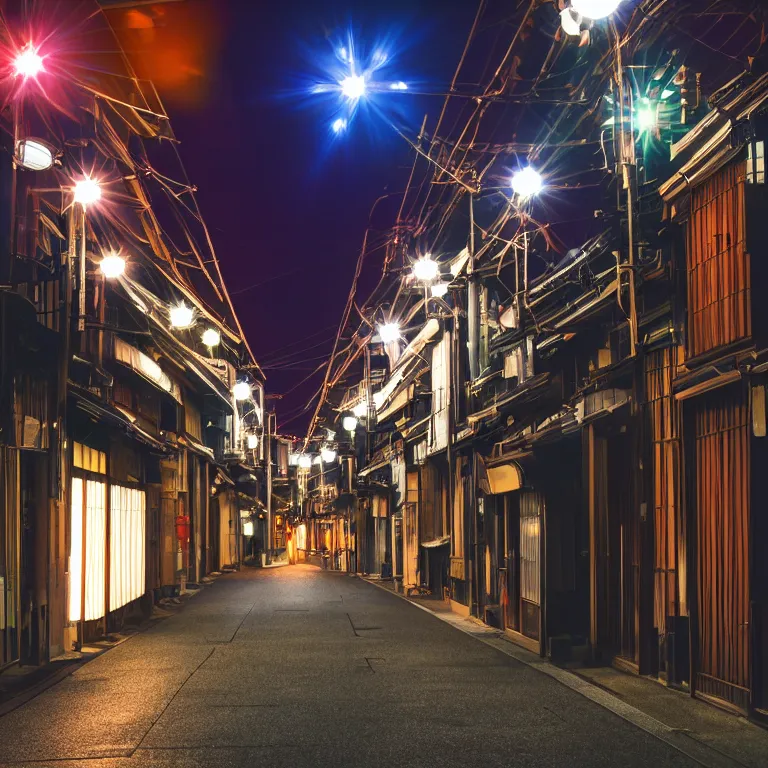 Image similar to photograph of kyoto street at night, bright street lamps, lens flare