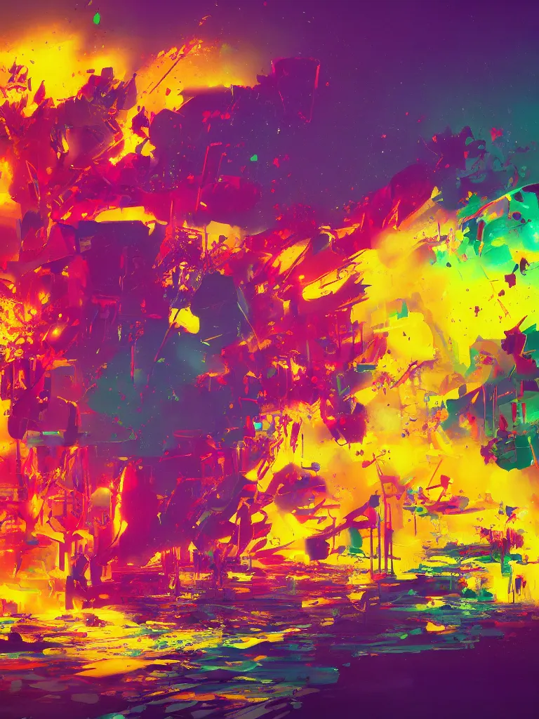 Image similar to a colorful explosion, color splashes in a painting from stalenhag, 4 k, 8 k, hdr, artstation, concept art