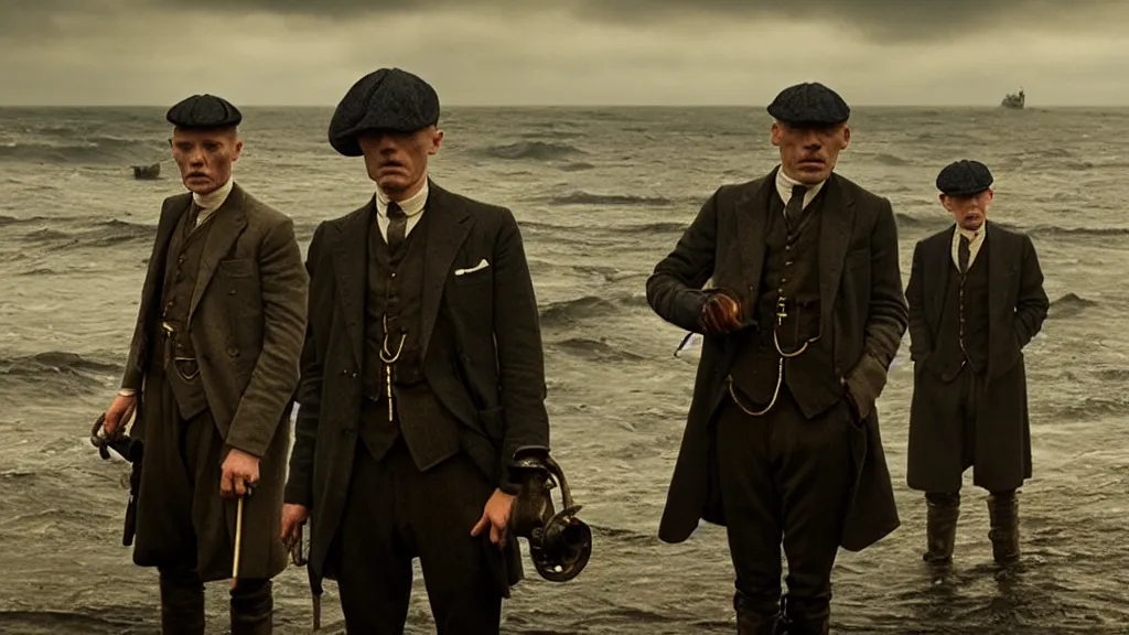 Image similar to the peaky blinders crew with shrimp heads coming out of the ocean film still from the movie directed by denis villeneuve with art direction by zdzis