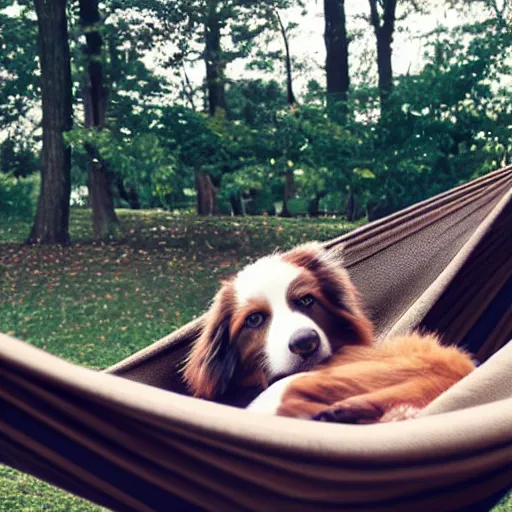 Prompt: brown border collie relaxing in a hammock, drinking hot chocolate