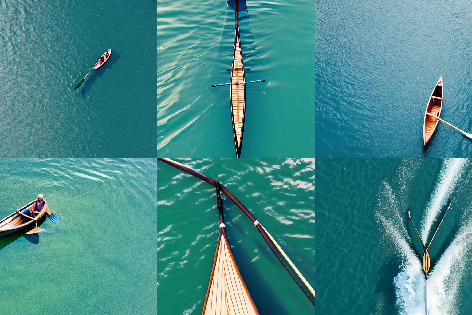 Prompt: a rower with two oars driving a small wooden boat. overhead shot on teal color water, with white trail wave lines forming behind