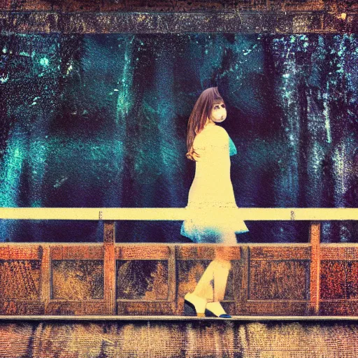 Image similar to girl in a black dress leaning against a bridge rail, chromatic aberration, glitch art,