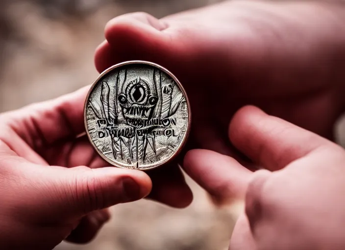 Prompt: a demon's hand holding a coin worth 1 human soul to be traded in hell. centered. horror dystopia style. highly detailed 8 k. intricate. nikon d 8 5 0 3 0 0 mm. award winning photography.