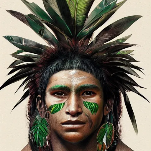 Image similar to a male tupi guarani warrior portrait, tropical plants covering the top part of his face, art by marco mazzoni, dark background, asymmetrical