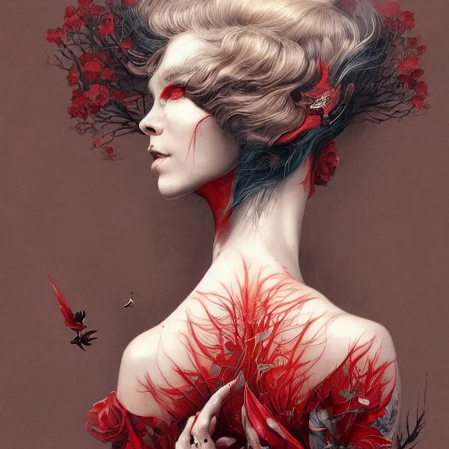 Image similar to ultra realistic illustration, beautifulwoman dressed in red kimono, backview, tattoos, in the style of peter mohrbacher by weta digital and beth cavener, high face symmetry, intricate, masterpiece, award winning, high face symmetry, intricate