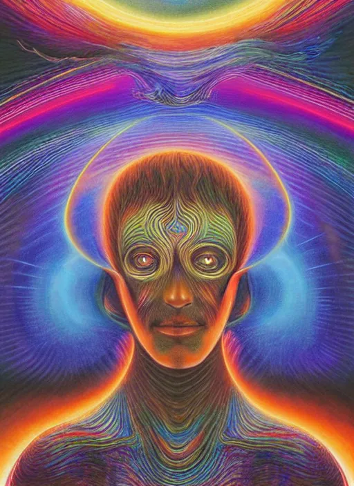 Prompt: incredible ultra dimensional entity transversing time, while tripping on dmt, energy waves, psychedelic experience, overwhelming psychosis of self realization and burning awakening, masterpiece composition, by barclay shaw,