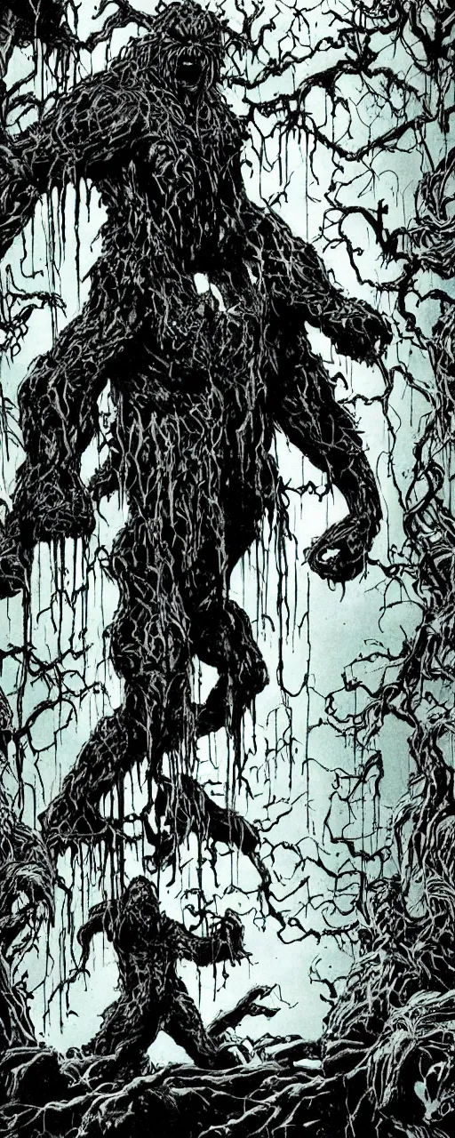 Image similar to swamp thing in a stoic brooding pose, forward angle, dramatic night lighting, by bernie wrightston, mike mignola and bill sienkiewicz, monstrous faces blended in the background scenery, canopy of drippy trees