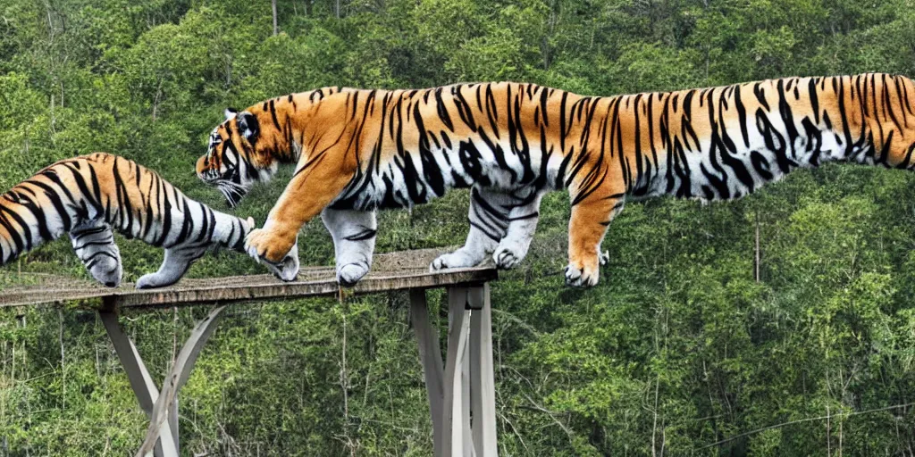 Image similar to a tiger running on a suspended bridge