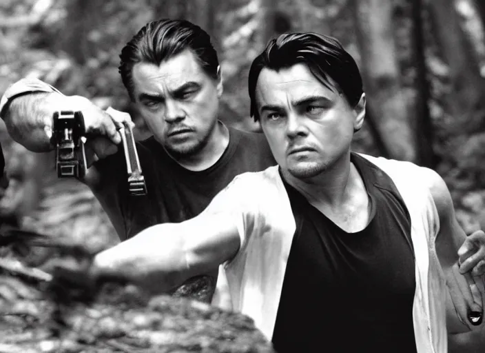 Image similar to an action scene from the movie scarface, medium long shot, filmed in the dark woods, a cabin in the background, leonardo dicaprio and daniel day - lewis, sharp eyes, serious expressions, detailed and symmetric faces, black and white, cinematic, epic,