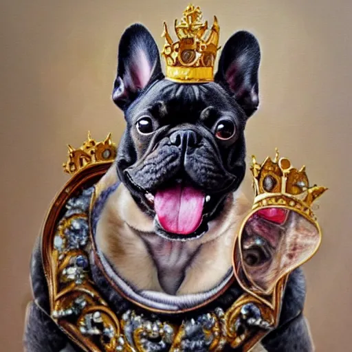 Image similar to portrait painting of hoodied french bulldog with crowns and jewelry by Sandra Chevrier, beautiful, hyperdetailed, trending on Artstation