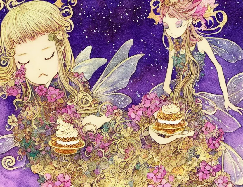 Image similar to faerie spirit of cupcakes, lost in a liminal space. this watercolor and gold leaf work by the award - winning mangaka has a beautiful composition and intricate details.