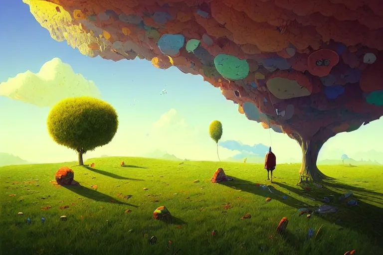 Image similar to a solo backpacker wondering in a beautiful surreal landscape, summer morning, very coherent and colorful high contrast, art by gediminas pranckevicius, geof darrow, dark shadows, hard lighting