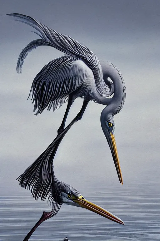 Prompt: Intricate stunning highly detailed grey heron, digital painting by Salvador Dali, surreal, ultra realistic, artstation