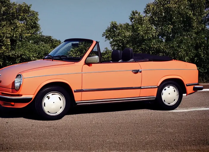 Prompt: retro color photo of a volkswagen cabriolet the 8 0's. gradient sky in the background