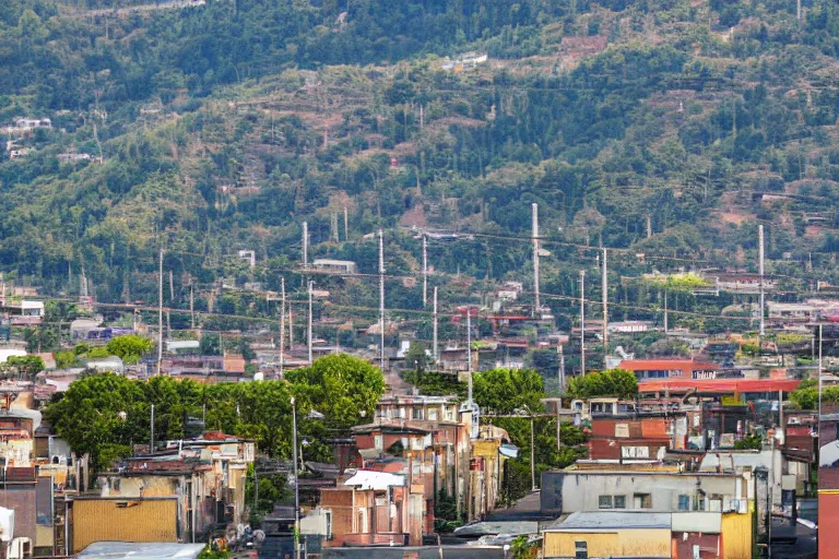 Image similar to looking down street, warehouses lining the street. hills background with trees and radio tower on top. telephoto lens compression.