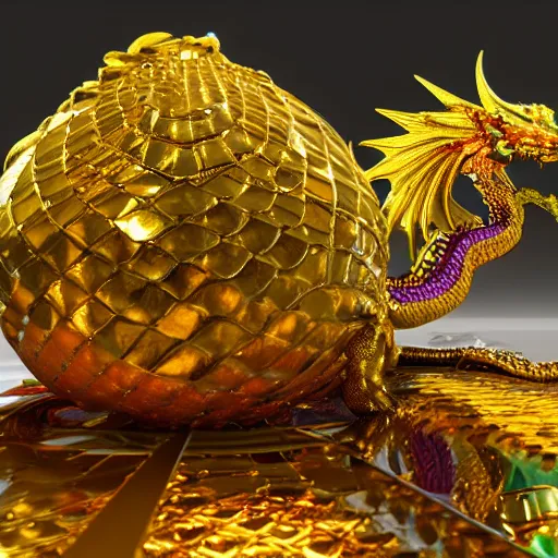 Image similar to colorful, glowing, metallic dragon scale egg sitting on a nest of gold objects, photorealistic, symmetrical, unreal engine