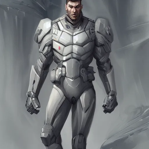 Image similar to a portrait of a tall muscular man with short grey hair and a tactical suit on, D&D, sci-fi, elegant, hopeful, muscular, highly detailed, digital painting, artstation, concept art, smooth, sharp focus, illustration