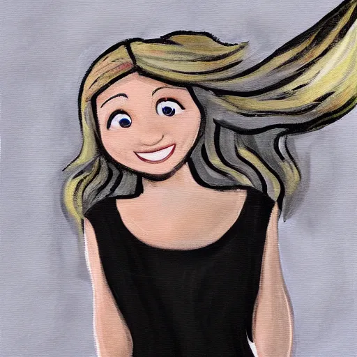 Image similar to a painting of an angel, a young woman with long blond hair and a halo smiling in heaven, wearing a black top and gray multi - color dress, pixar, animated, cute