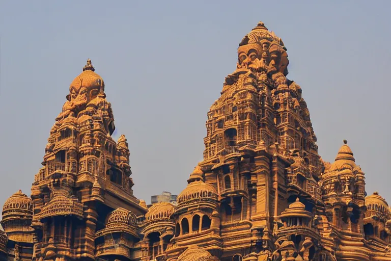 Image similar to dreamscape! mumbai with biomorphic hanuman!! head building, kalighat, sharp hyperrealistic cinematic smooth, stephen shore & john j. park, soft morning light, wide shot, high angle, uhd 8 k, deep focus