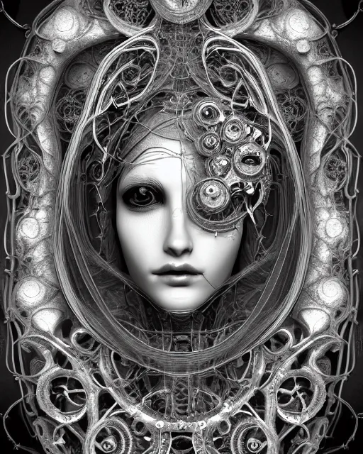 Image similar to mythical dreamy black and white organic bio - mechanical spinal ribbed profile face portrait detail of translucent steampunk beautiful intricated monochrome angelic - human - queen - vegetal - cyborg, highly detailed, intricate translucent ivy jelly ornate, poetic, translucent roses ornate, 3 d render, digital art, octane render, 8 k artistic lithography