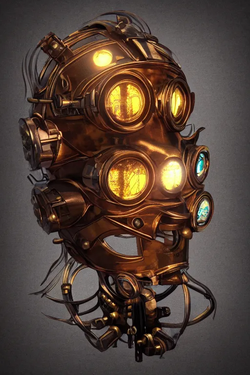 Image similar to steampunk mask minimalist fantasy art robot ninja helmet, global illumination ray tracing hdr fanart arstation by sung choi and eric pfeiffer and gabriel garza and casper konefal radiating a glowing aura