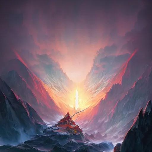 Image similar to mountain reaches into the sky, huge daragons breathing ice and fire by peter mohrbacher and dan mumford and nekro, cgsociety, volumetric light, 3 d render